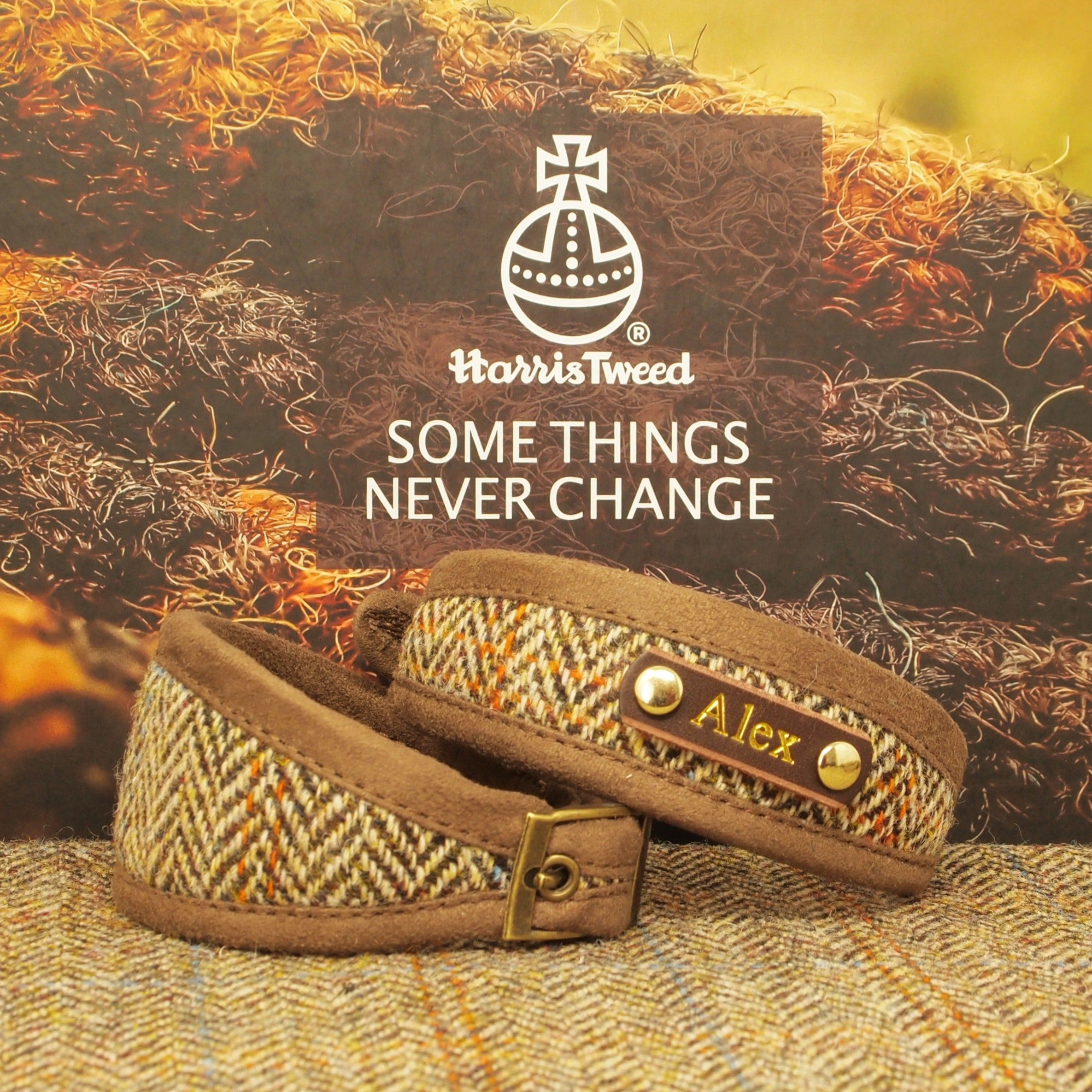 genuine harris tweed classic tan mocha brown herringbone dog collar, sighthound greyhound whippet afghan saluki deerhound lurcher fishtail collar wide or slim fit personalised with dogs name on, small dog collar or large dog  terrier labradoodle labrador collie poodle toy breeds