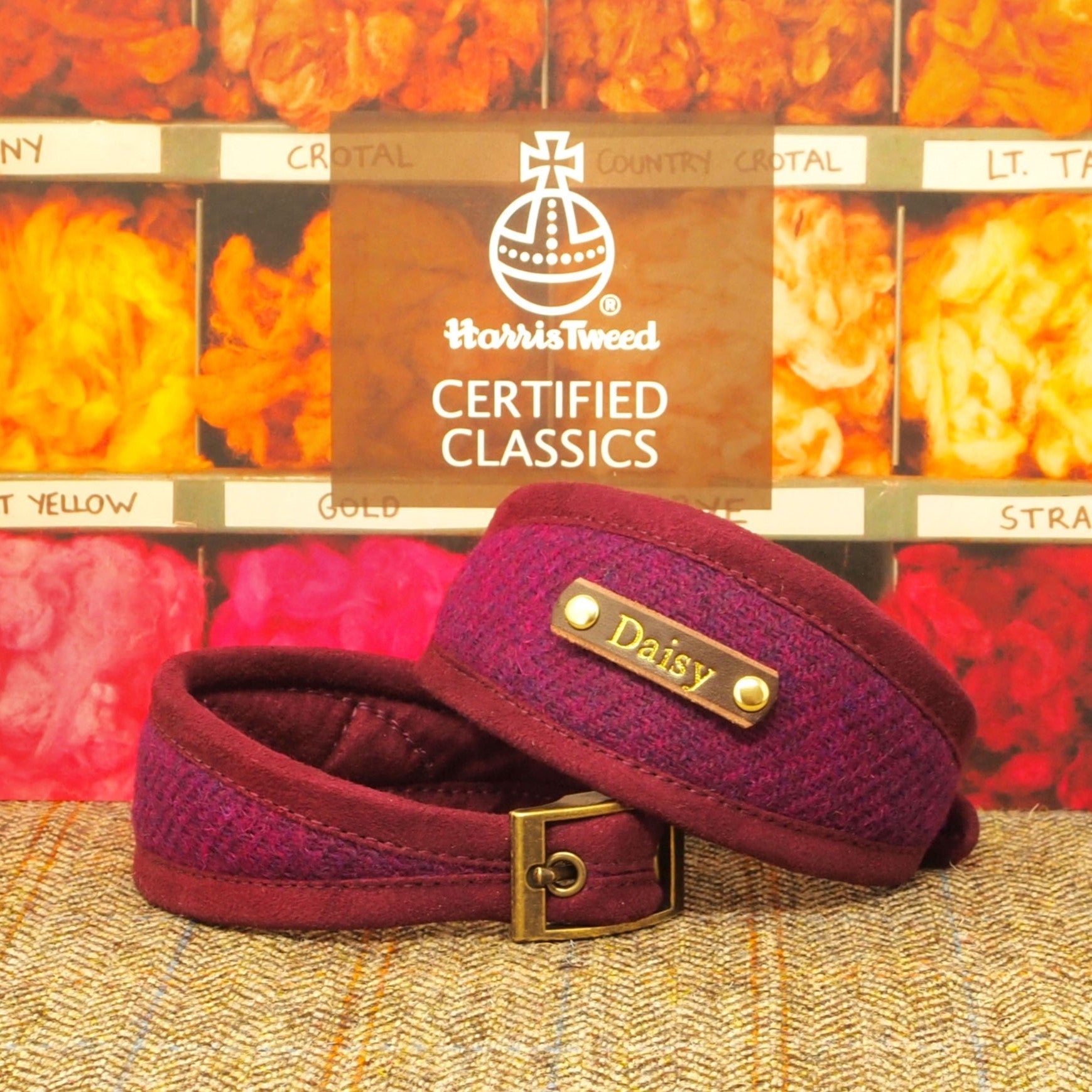 purple cerise magenta harris tweed dog collar in hound width or slim fit, option to add dogs name