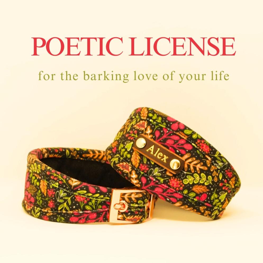 forest floral black pink green peach dog collar, sighthound whippet lurcher collar, designer dog collar personalised with dogs name on leather nameplate