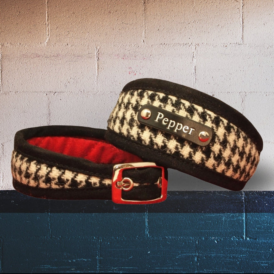 black white houndstooth check dog collars personalized with dogs name on, genuine harris tweed with bright red lining