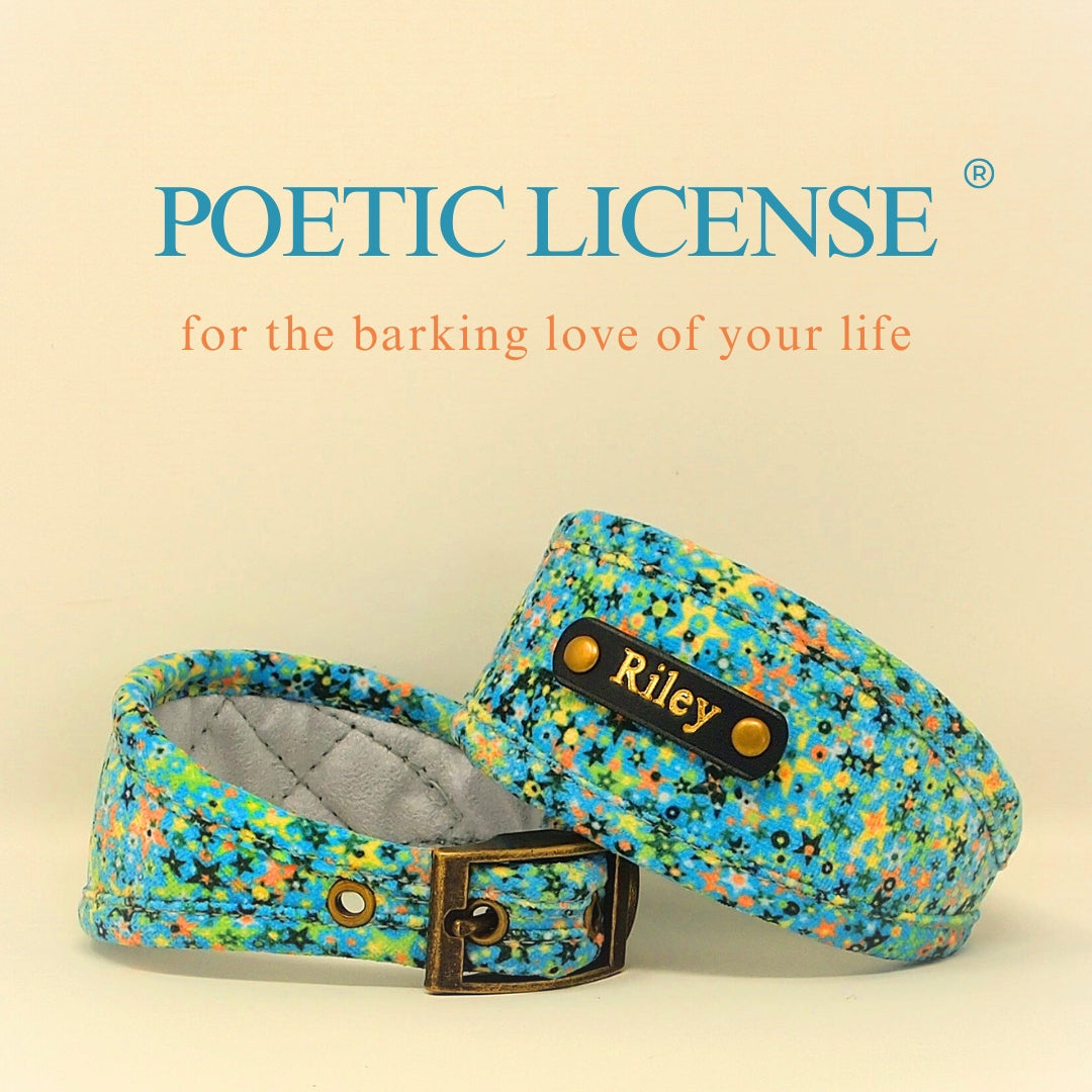 vegan chenille dog collar in blue green stars pattern with optional personalisation to add dogs name or phone number