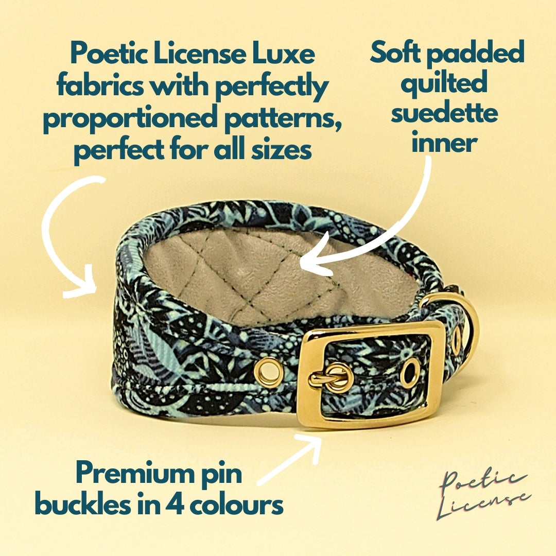 Blue Grey Chenille Vegan Dog Collar in wider width or regular slim fit.