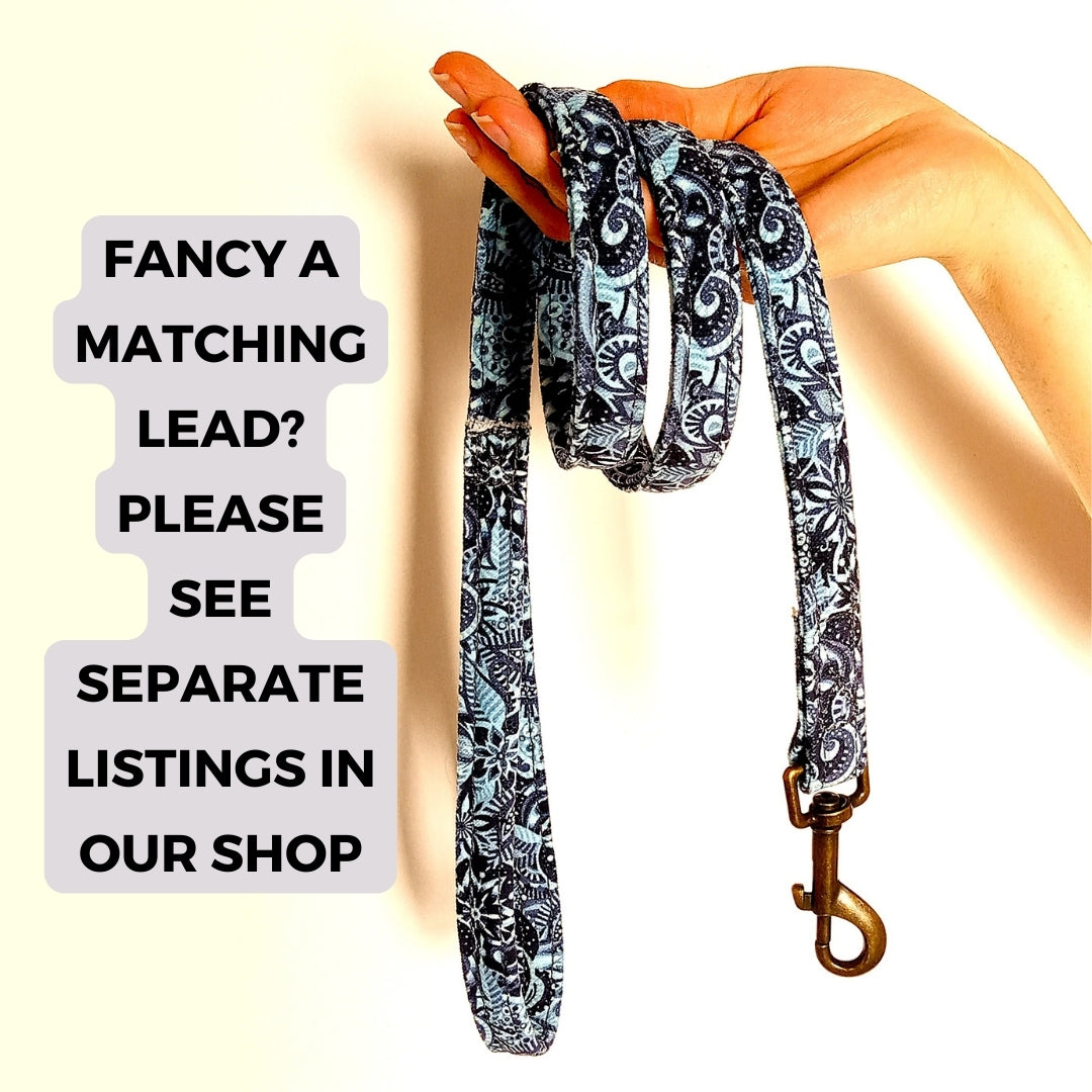 blue grey vegan dog lead with sturdy webbing core and antique brass effect hardware