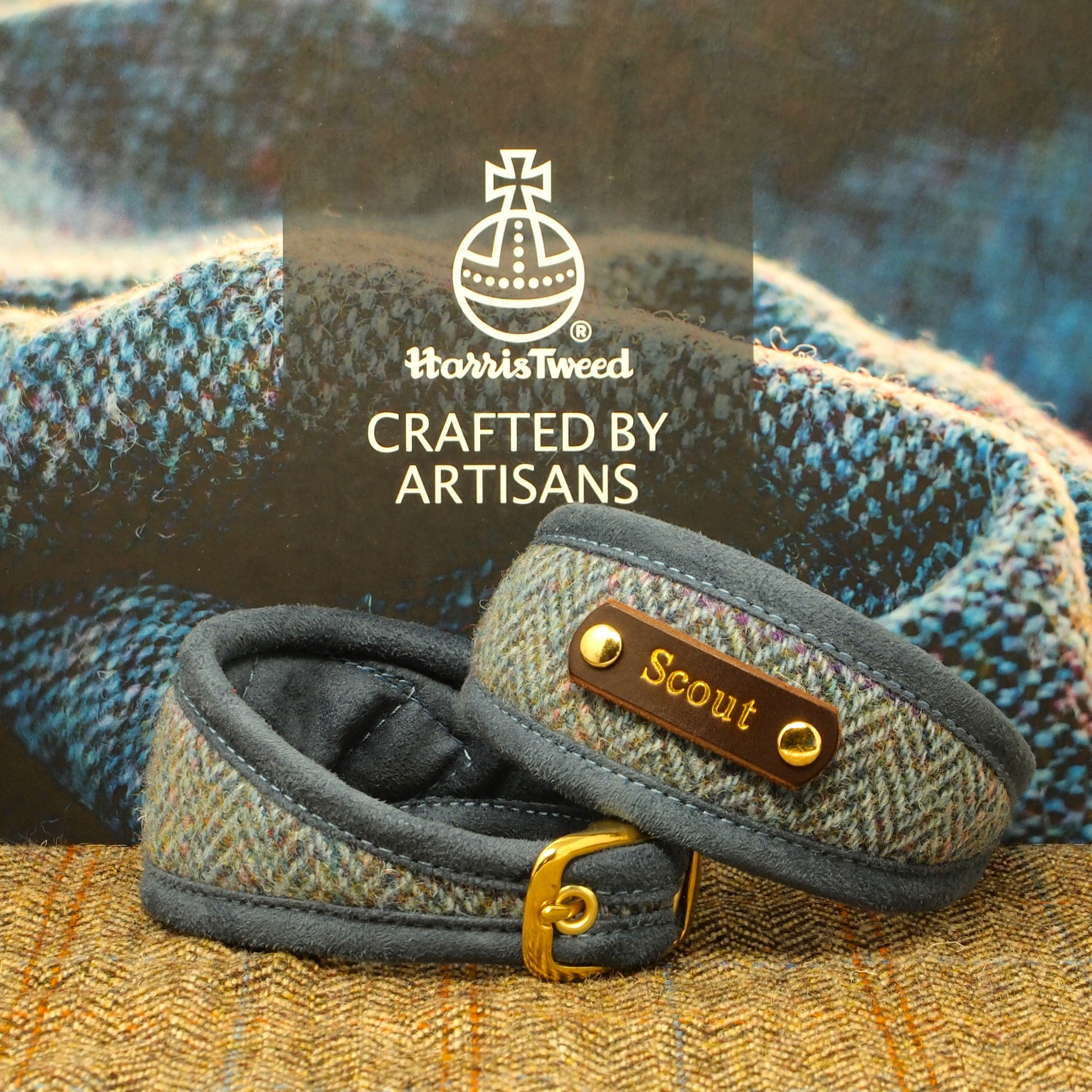 Harris Tweed Blue Dog Collar: option to have our collars personalized with your dogs name. For sighthounds or Slim Fit.