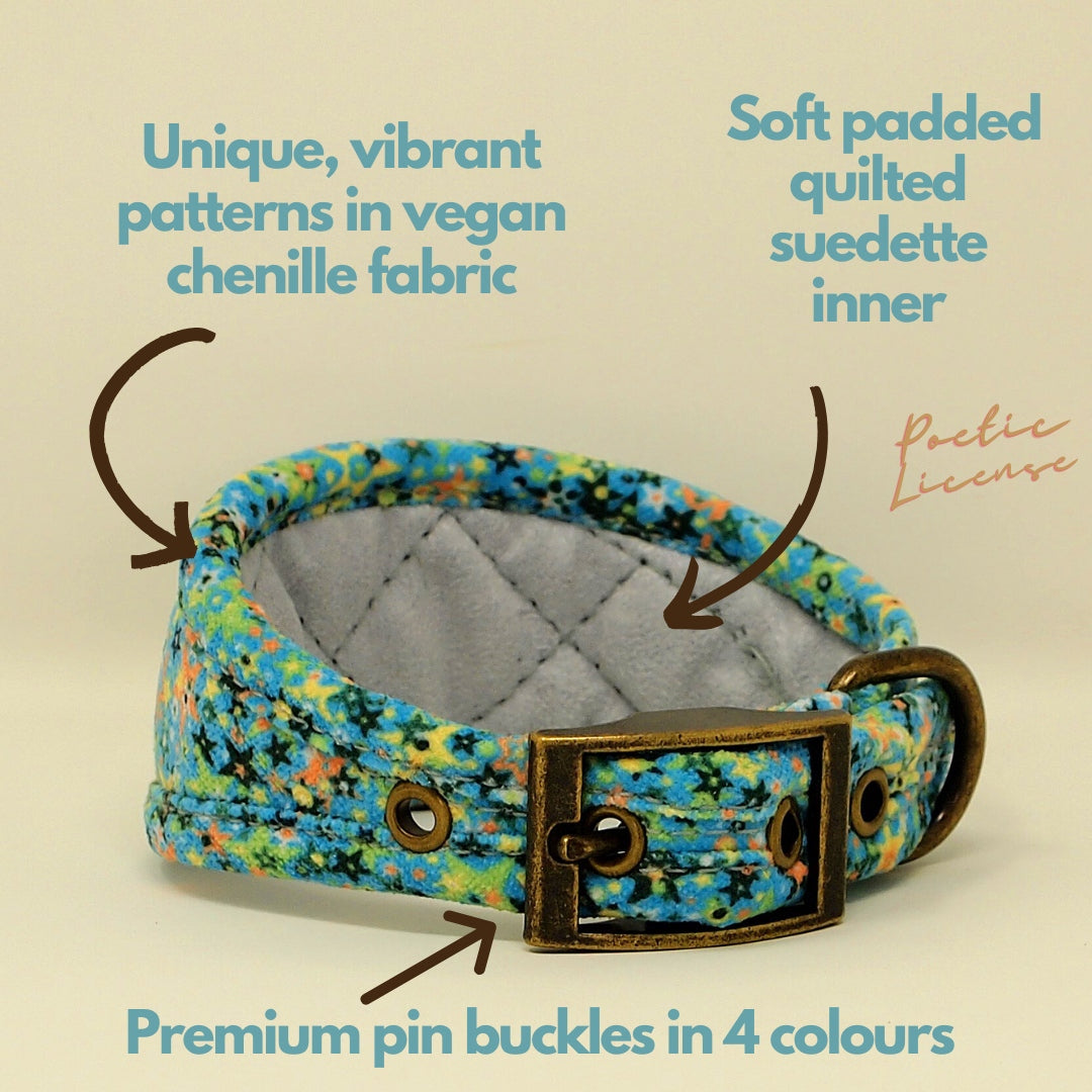 Vegan Dog Collar in Blue/Green Stars with optional name personalisation. Wider width for sighthounds or slim fit.