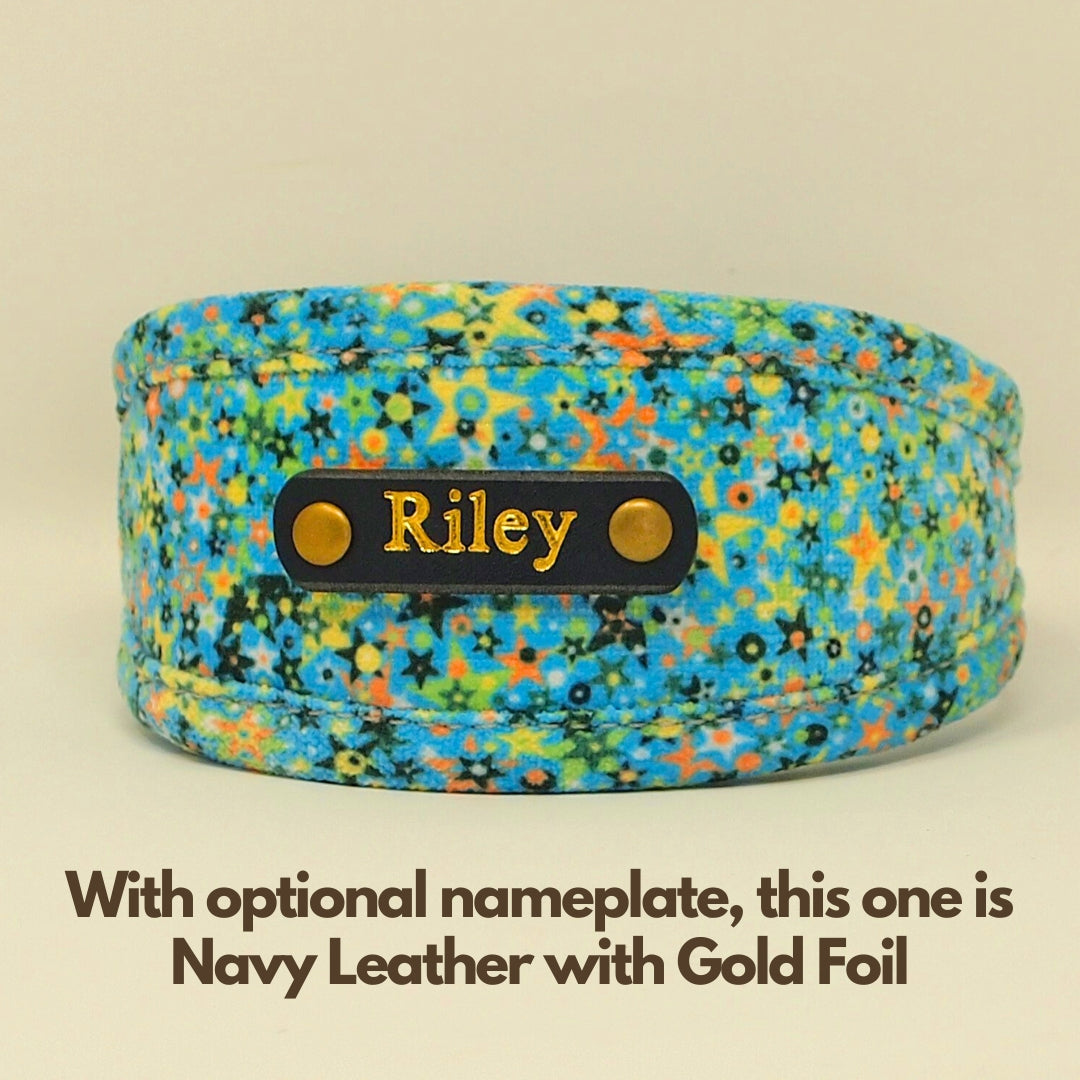 Vegan Dog Collar in Blue/Green Stars with optional name personalisation. Wider width for sighthounds or slim fit.