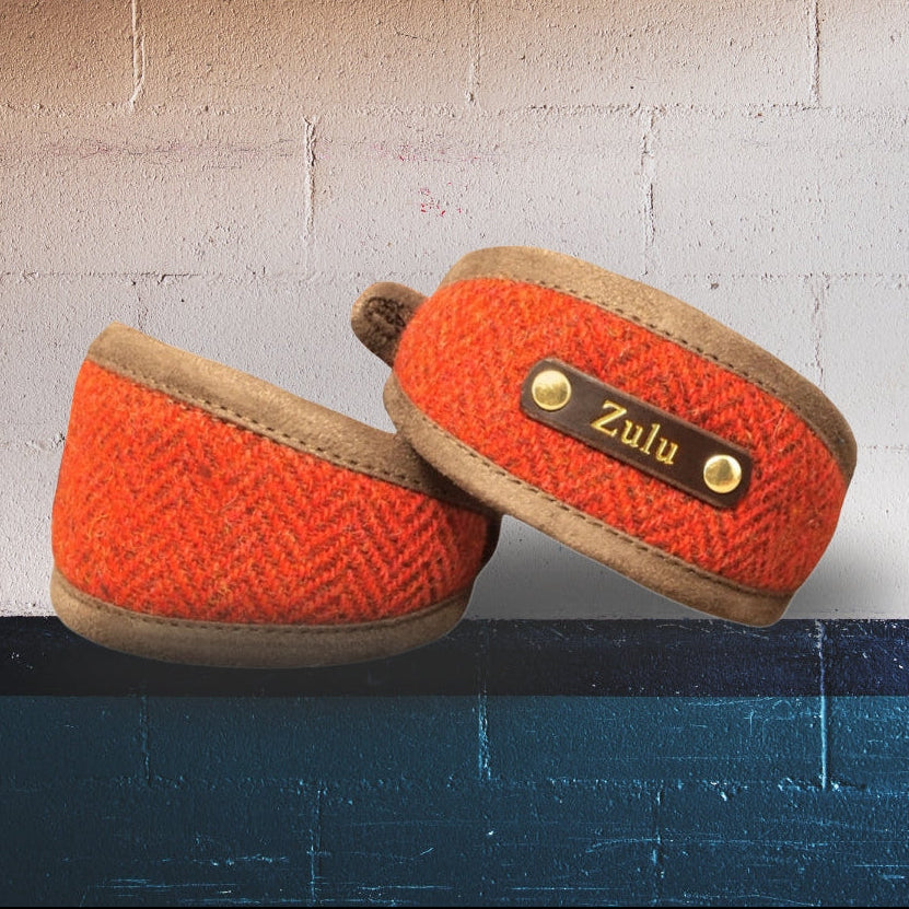 burnt orange herringbone harris tweed sighthound whippet greyhound collar and dog collar personalized with dogs name on