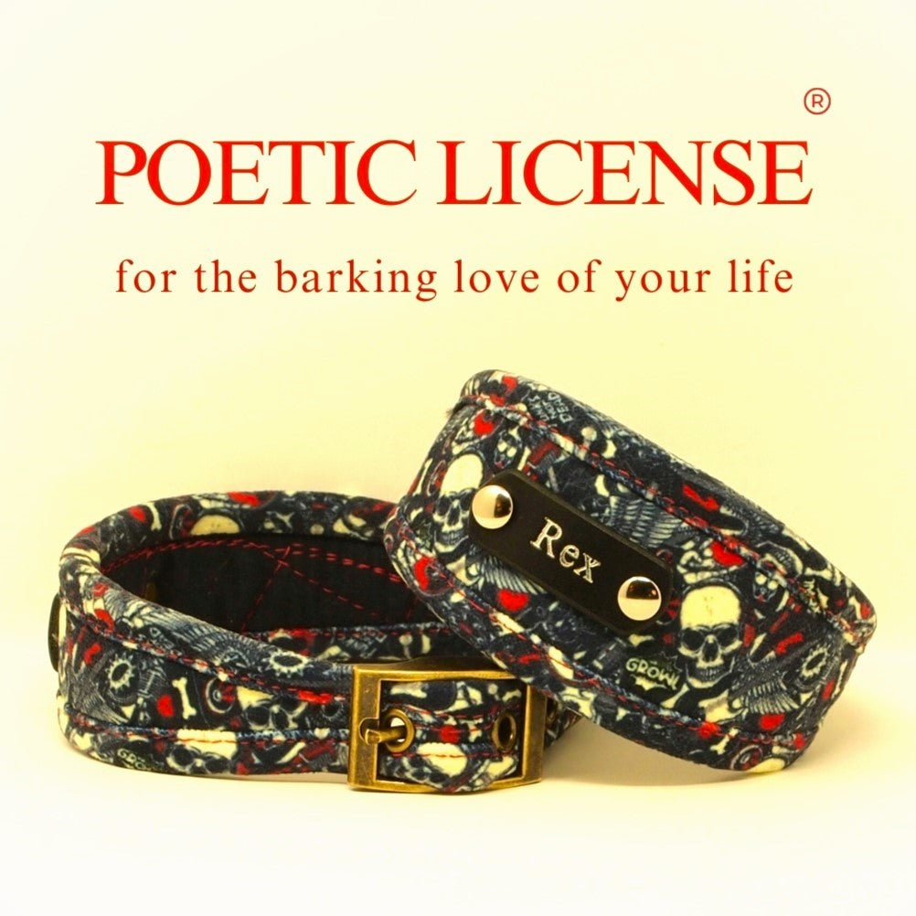 luxury vegan chenille dog collar in punk goth skulls guitars emo