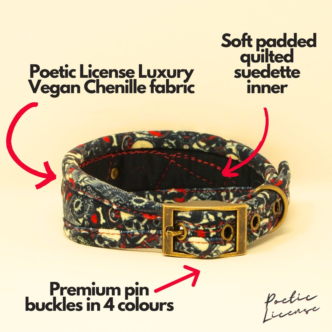 Vegan Dog Collar in Punk Goth Skulls with optional name personalisation.