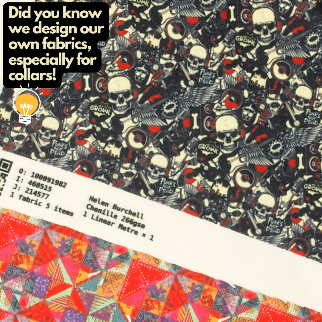 Vegan Dog Collar in Punk Goth Skulls with optional name personalisation.