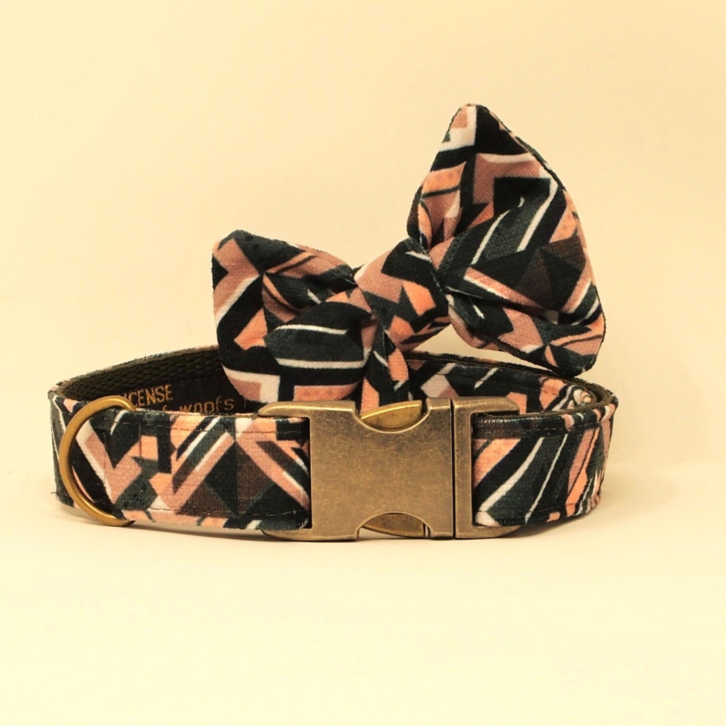 Luxe Chenille Standard Dog Collar in Dark Green & Nude Geometric