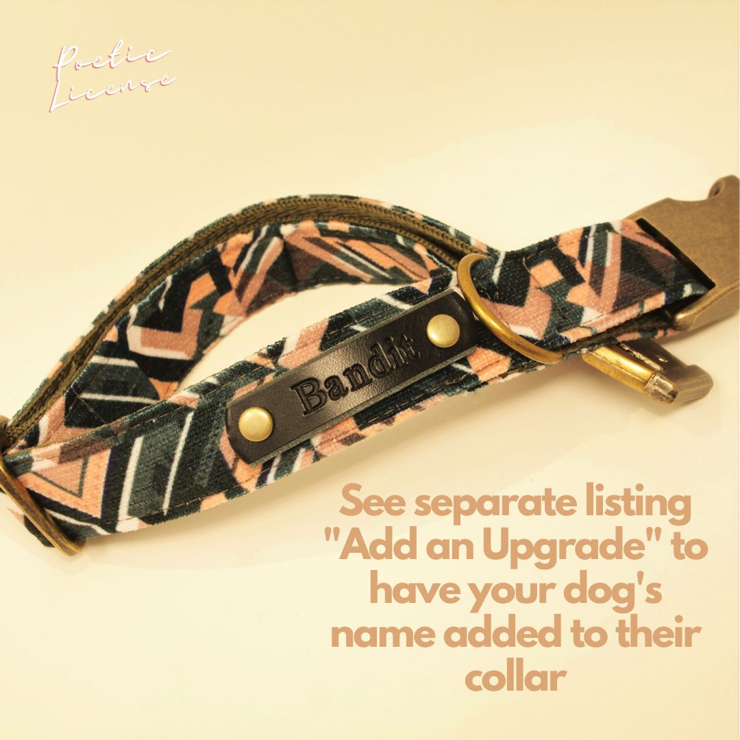 Luxe Chenille Standard Dog Collar in Dark Green & Nude Geometric