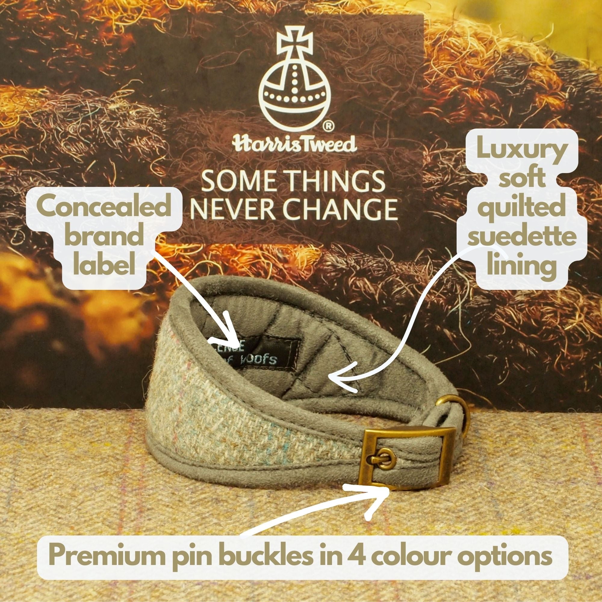 grey harris tweed sighthound collar with soft padded lining, ideal for sensitive necks