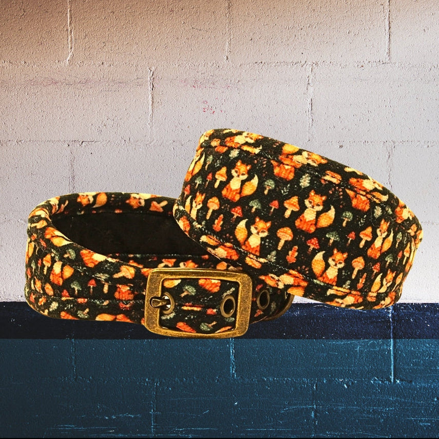 personalised vegan soft padded sighthound greyhound whippet lurcher collar with foxes and mushrooms
