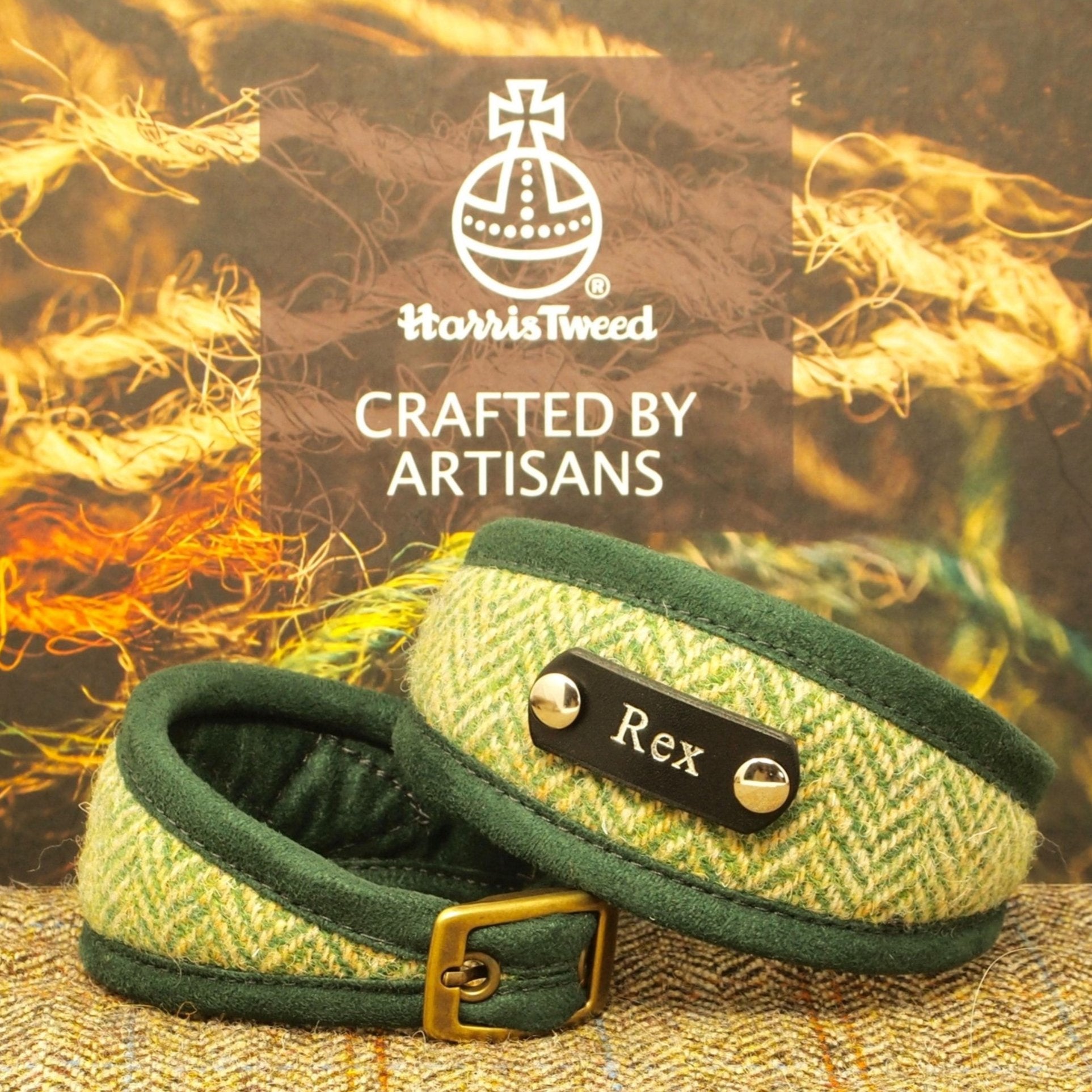 harris tweed green herringbone personalised dog collar, sighthound greyhound whippet collar with dogs name on