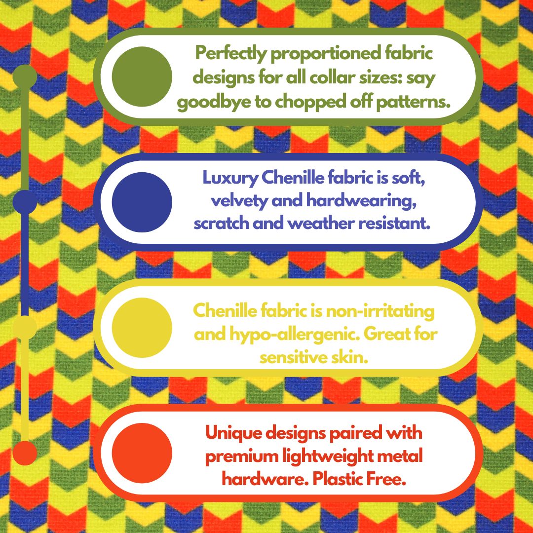 Vegan Dog Collar in Green Chevron Designer Chenille for Whippets, Greyhounds etc or Slim Fit.