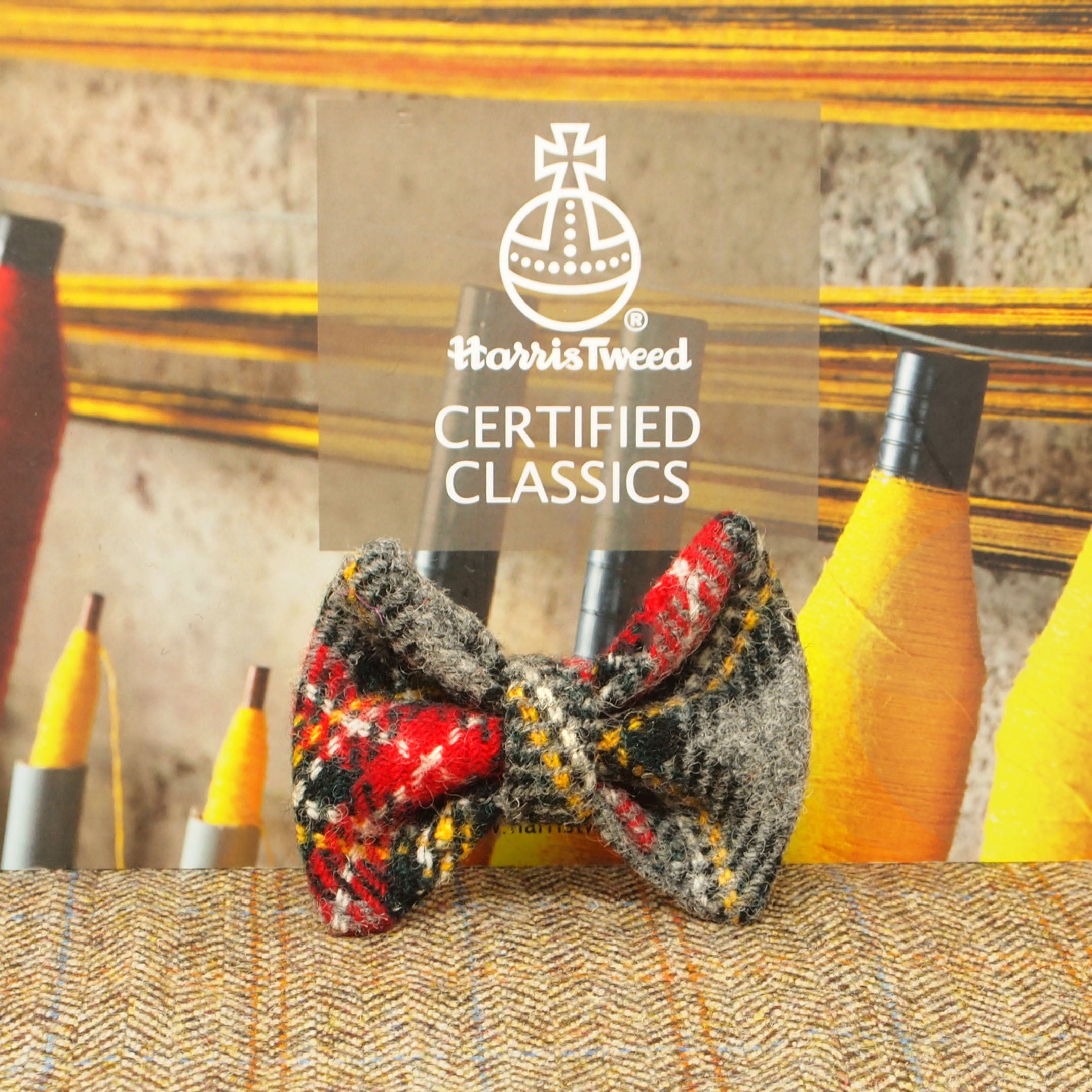 grey red tartan harris tweed dog bow tie dickie bow