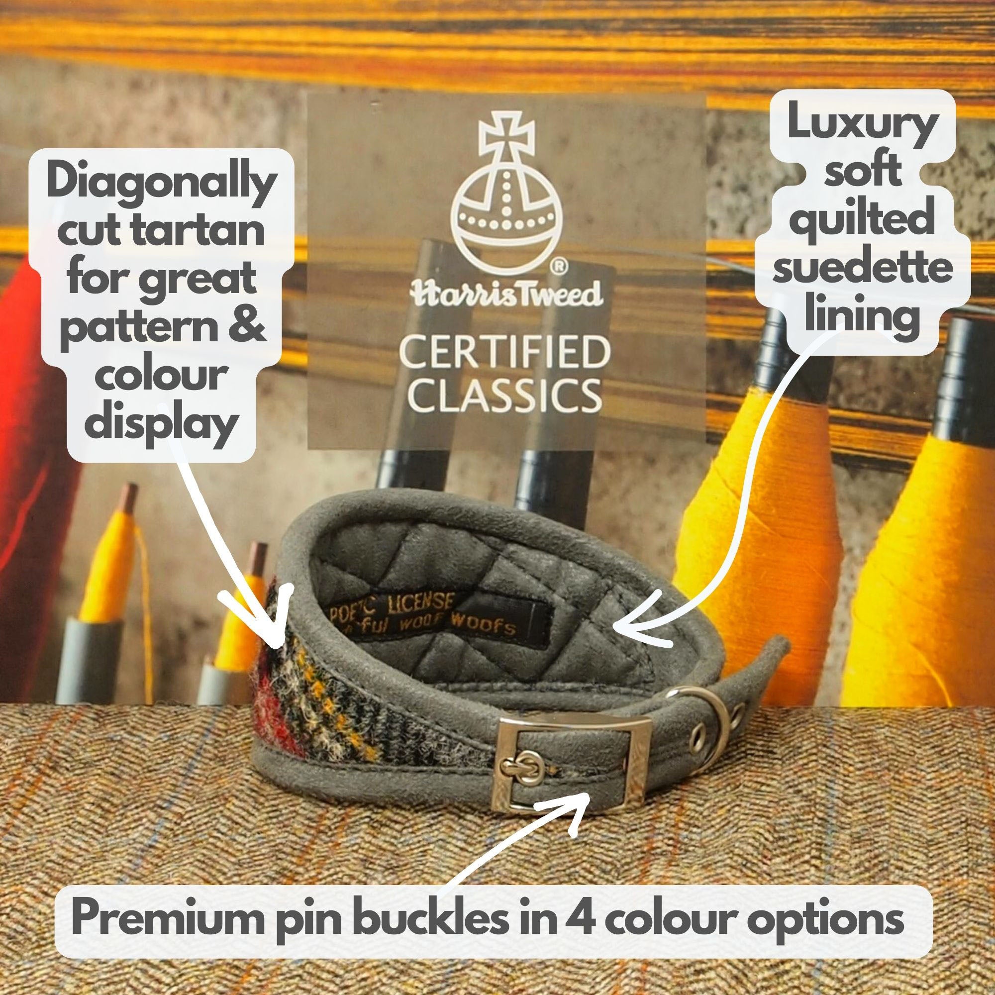 grey tartan padded quilted soft sighthound collar for delicate necks