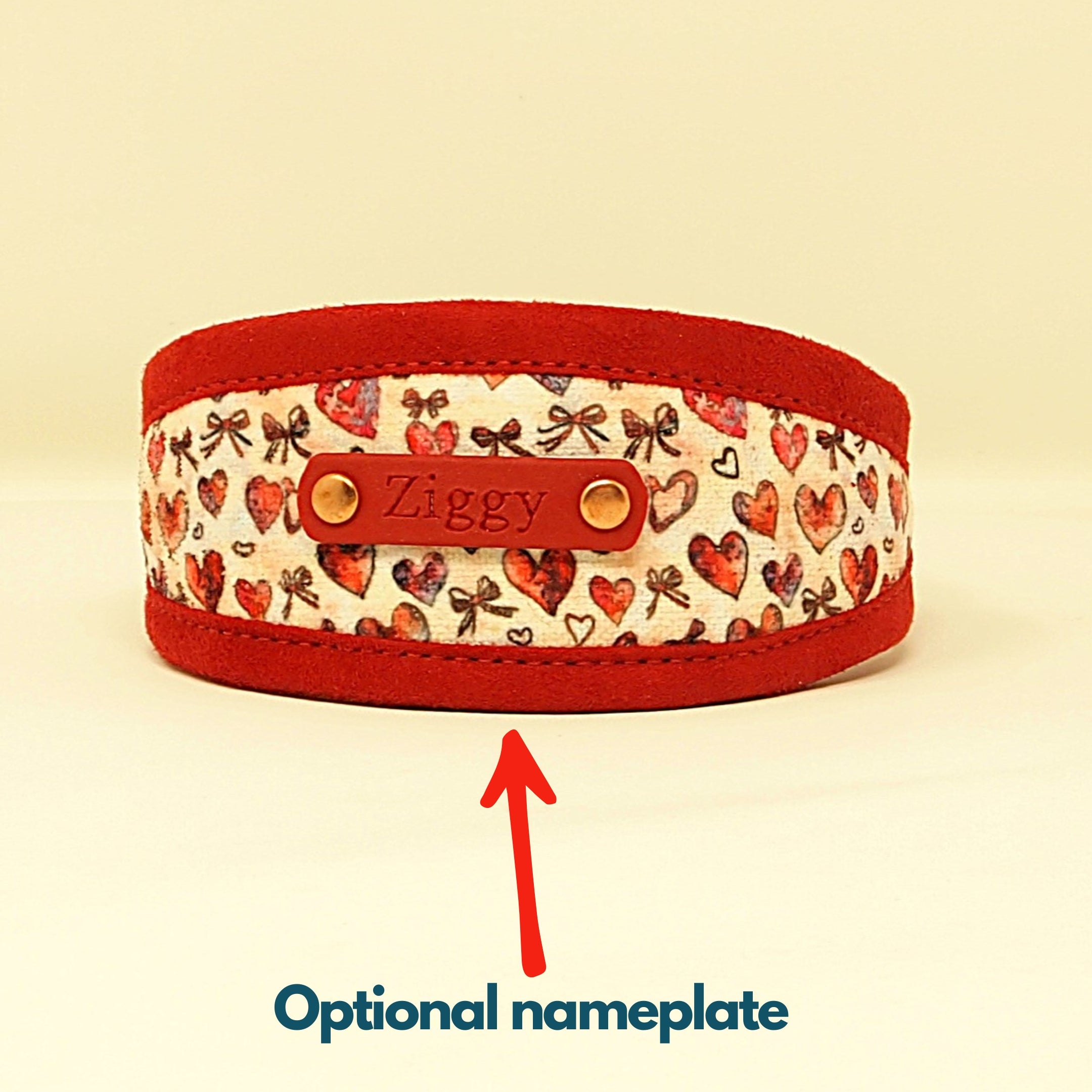 Hearts Dog Collar, in Hound Width or Slim Fit, with optional personalisation.