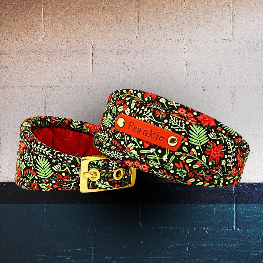 Christmas dog collar with holly, poinsettia, holly leaves and snowball pattern, dog collar for whippets greyhounds sighthounds salukis with personalization option to add dogs name