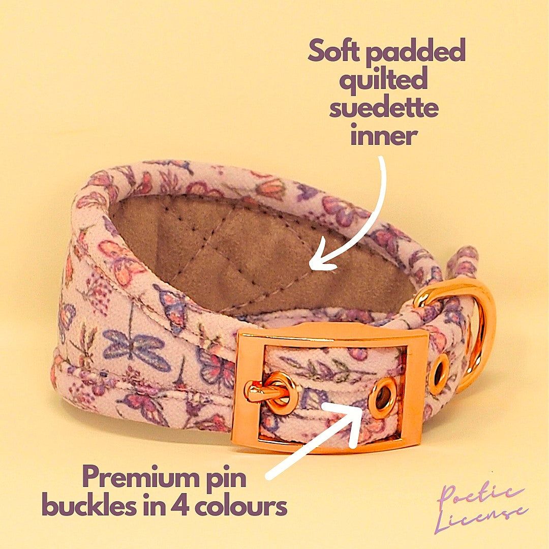 Personalised Hound Collar in Lilac, soft luxury, padded dog collar for sensitive necks.