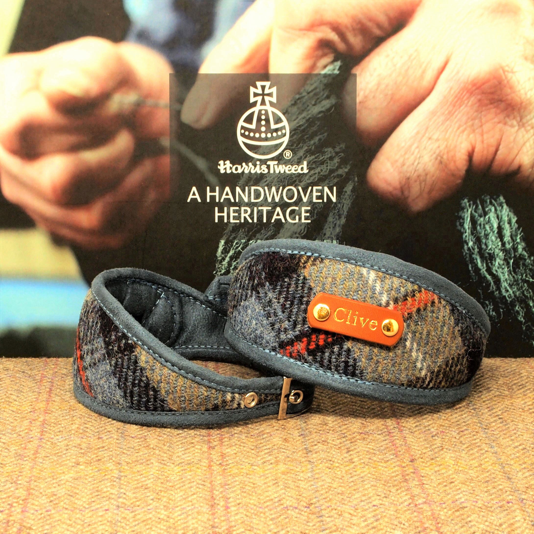 custom personalized genuine harris tweed blue grey mackenzie tartan plaid whippet greyhound sighthound collar with dogs name on, wide or slim fit