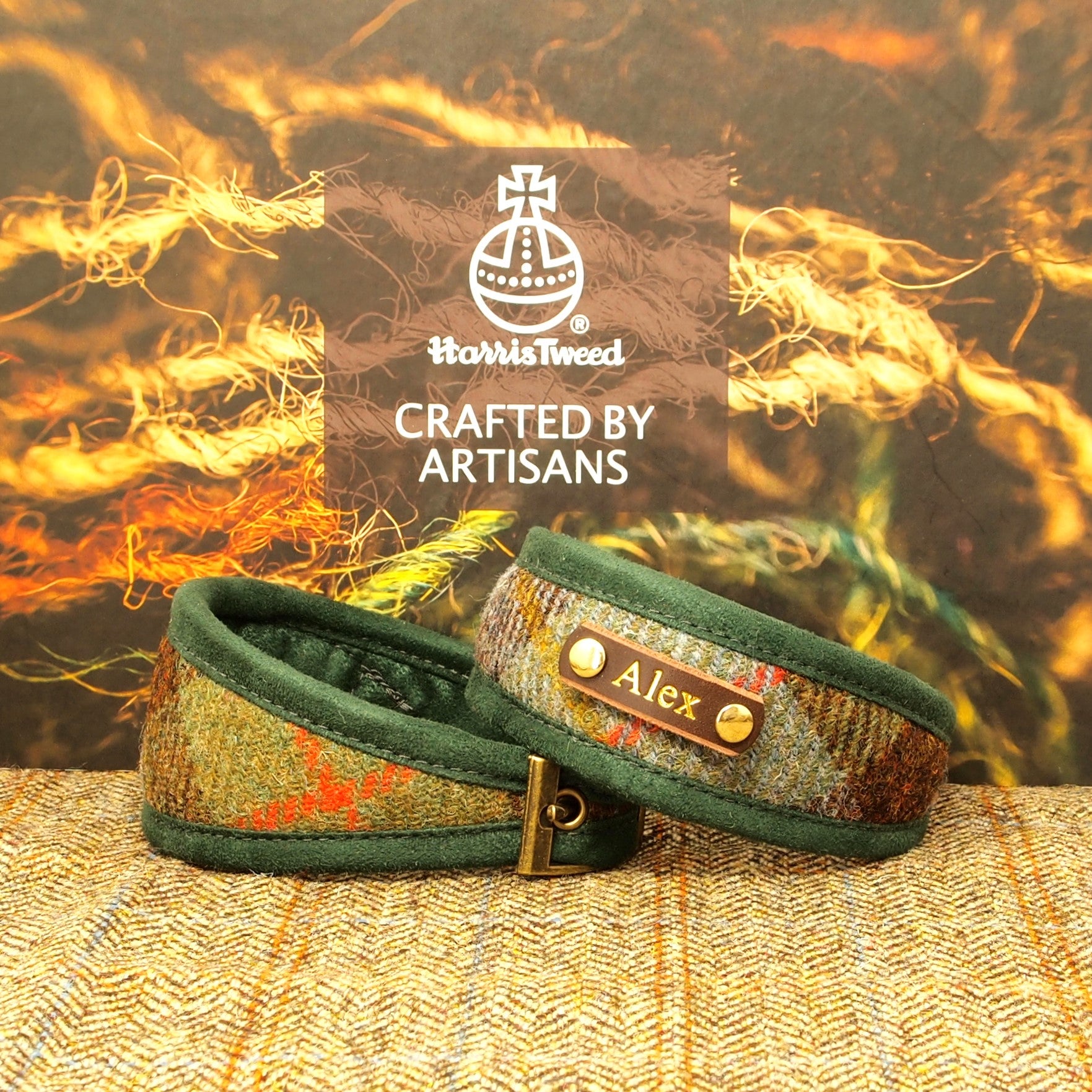 harris tweed dog collar in macleod tartan, with option to have dogs name