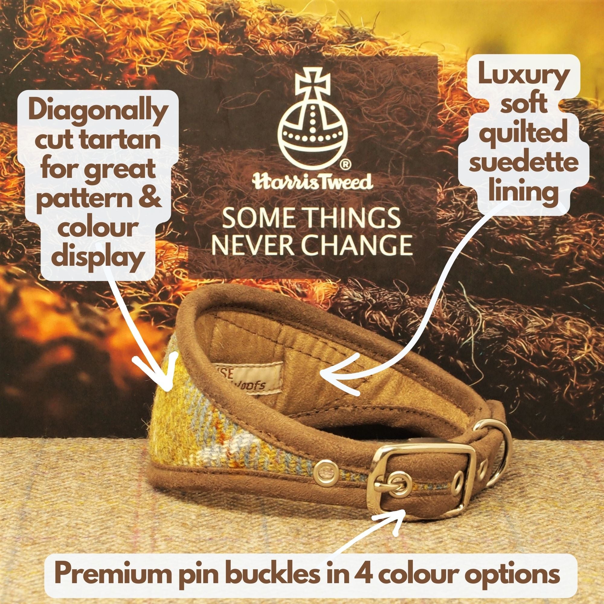 Harris Tweed Mustard & Blue Tartan Greyhound Collar or Slim fit luxury dog collar with Brown Edging and Lining