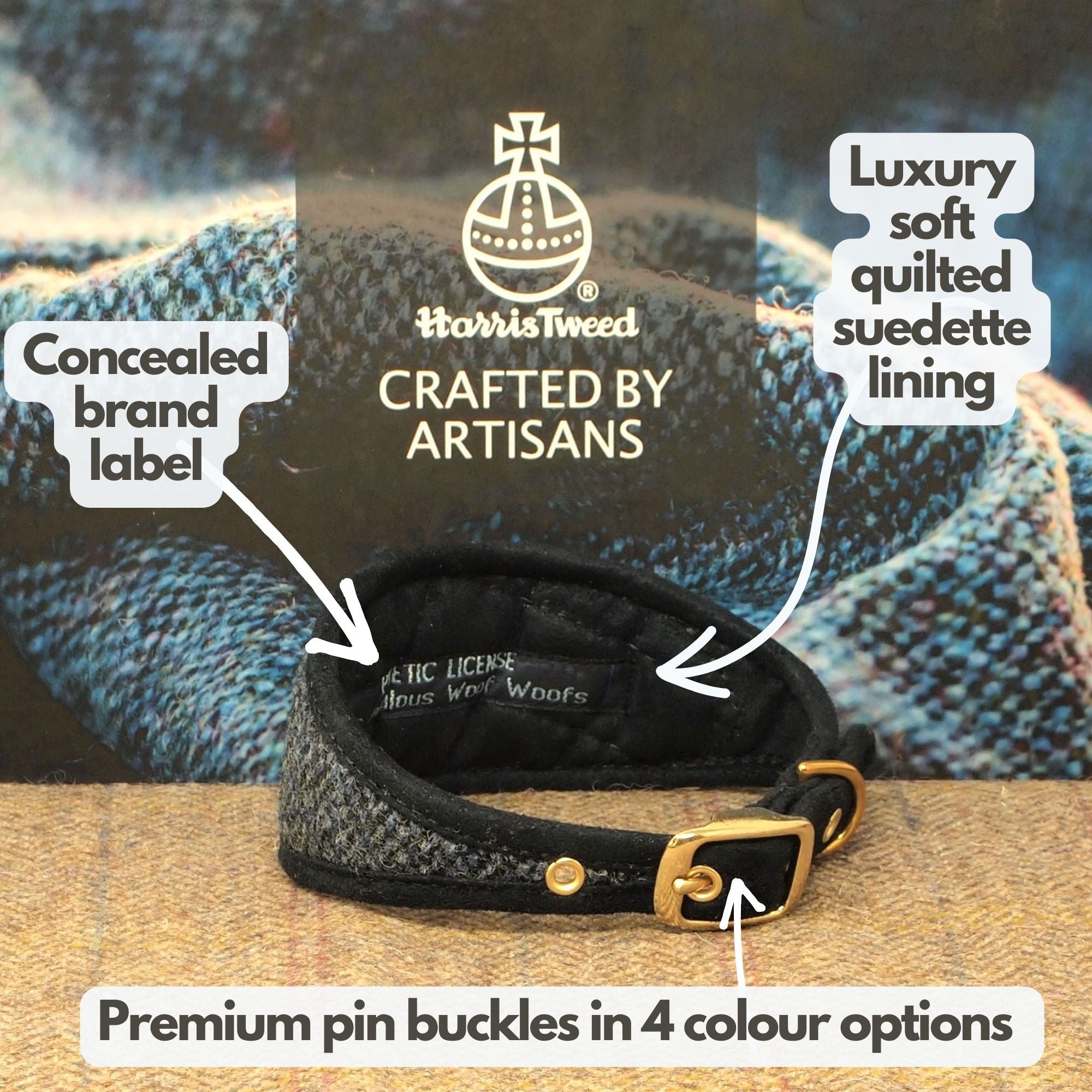 Harris Tweed Navy Blue Greyhound Sighthound, Whippet Collar or standard fit luxury Custom Dog collar