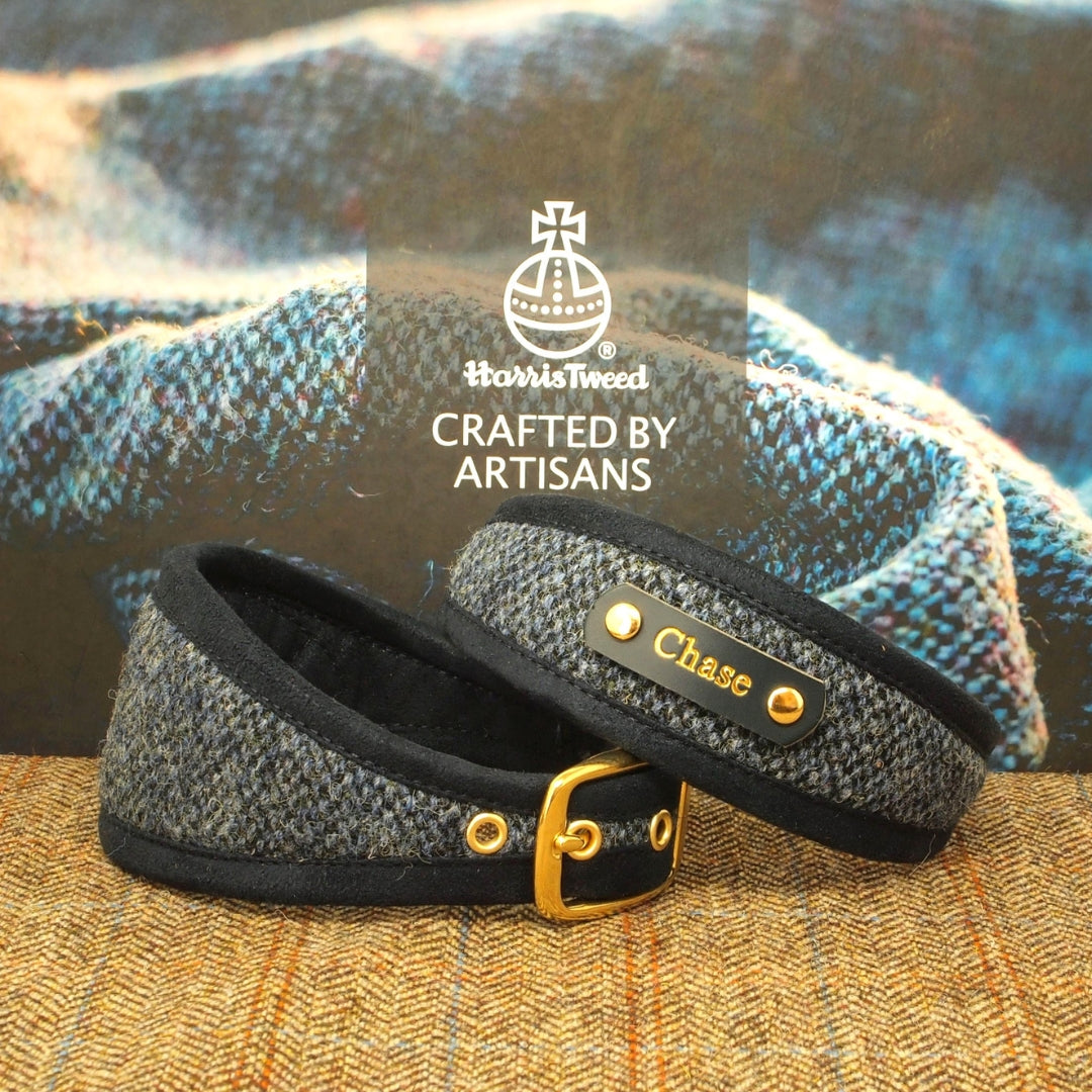 Harris Tweed Navy Blue Greyhound Sighthound, Whippet Collar or standard fit luxury Custom Dog collar