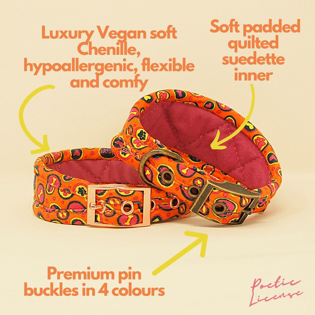 Personalised Hound Collar in Orange & Pink, soft luxury, padded dog collar