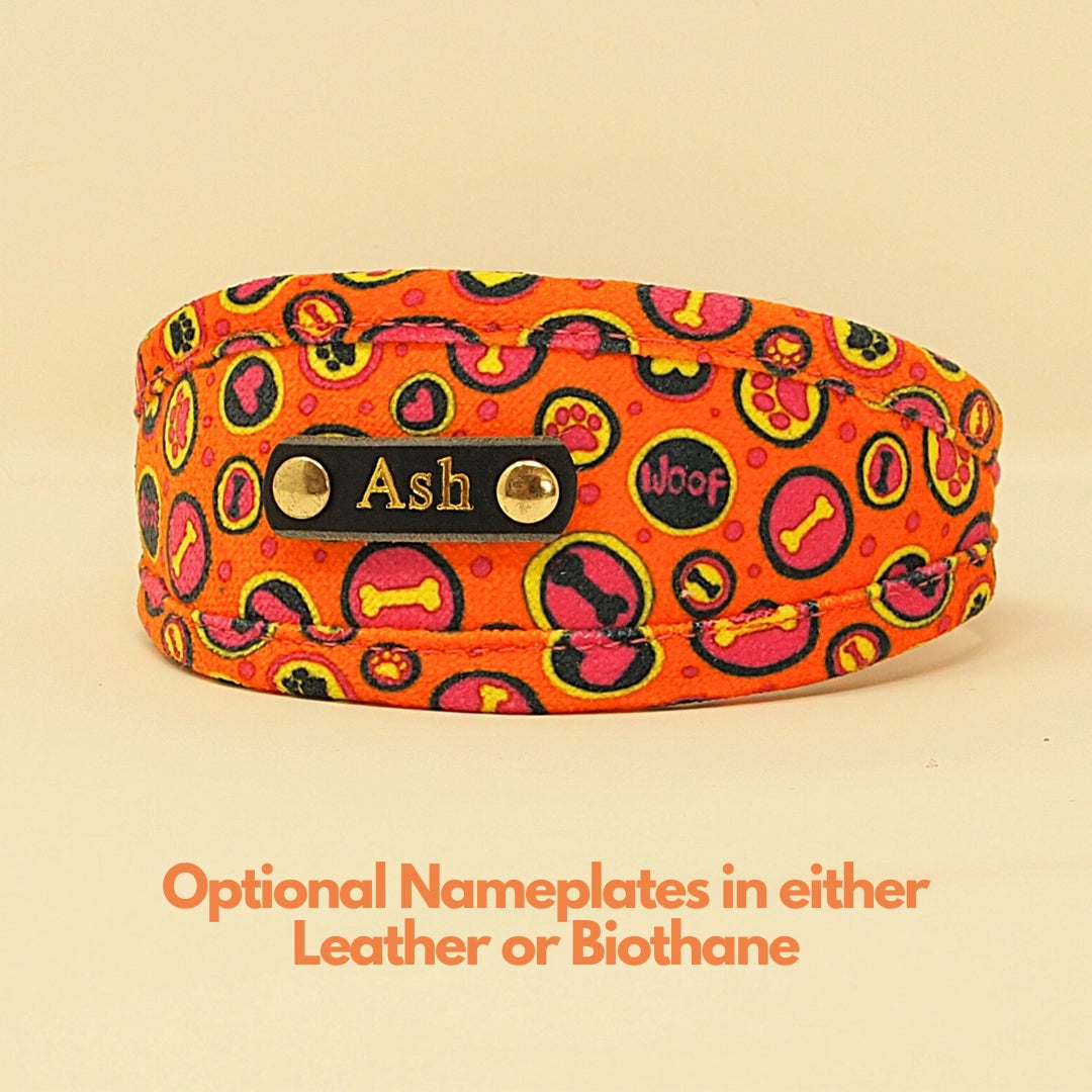 Personalised Hound Collar in Orange & Pink, soft luxury, padded dog collar
