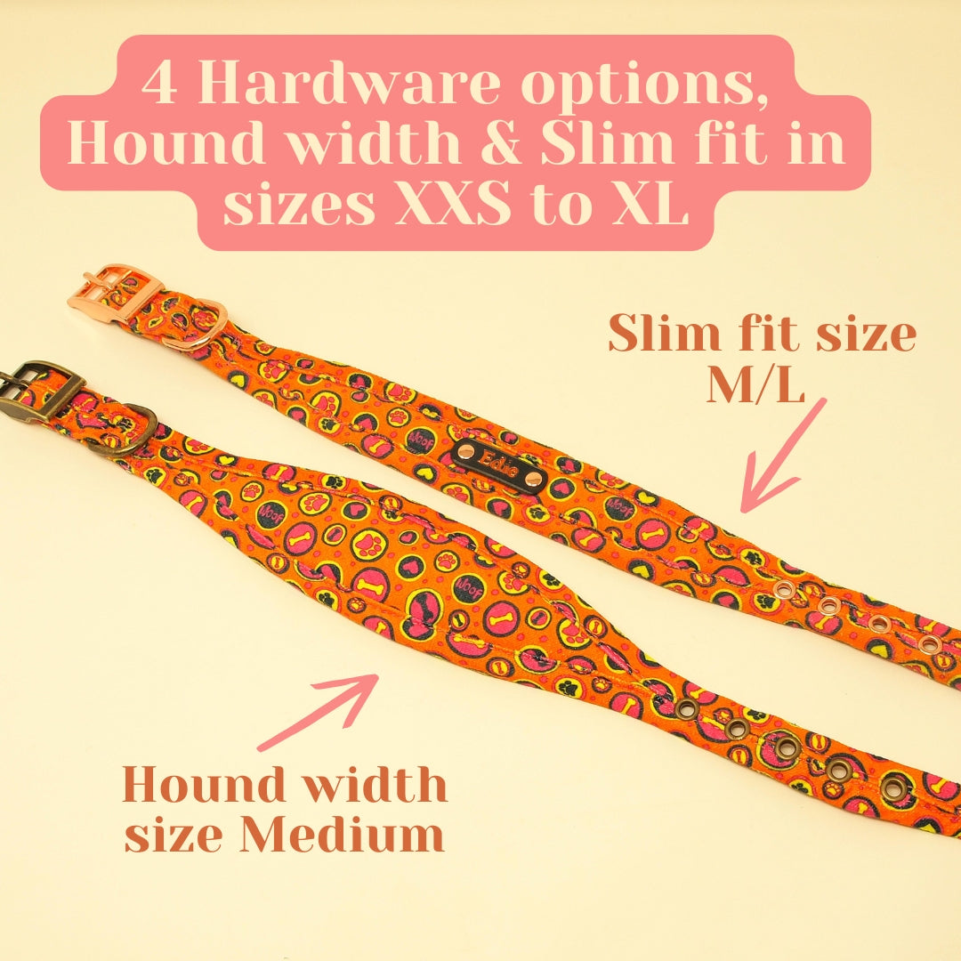 orange and pink dog collars in 2 widths, hound width or slim fit
