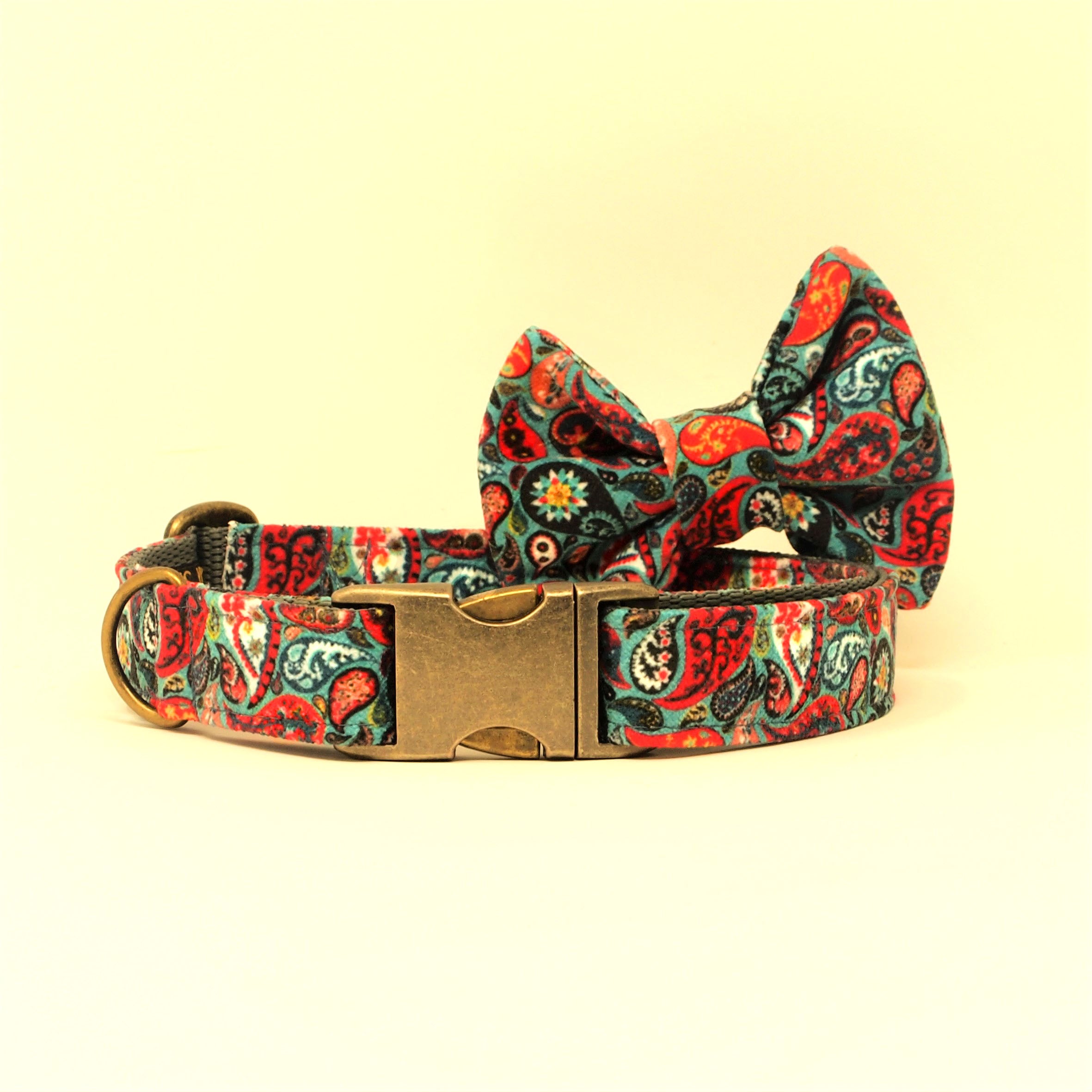 Luxe Chenille Standard Dog Collar in Teal Blue, Green & Red Paisley