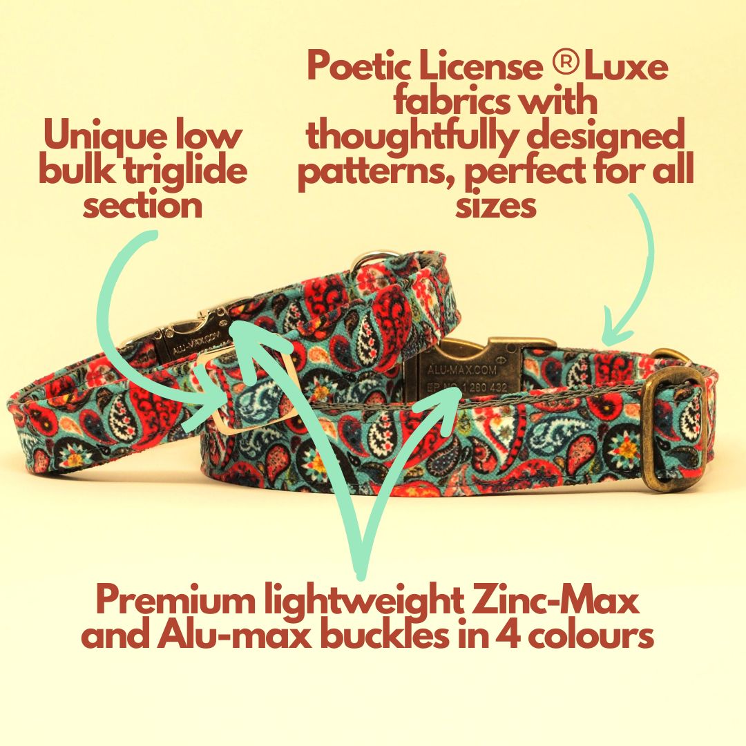 Luxe Chenille Standard Dog Collar in Teal Blue, Green & Red Paisley