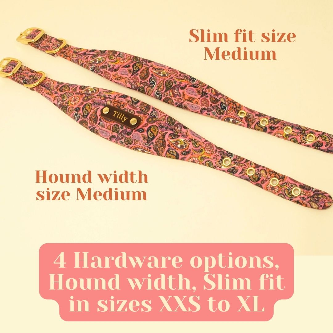 Custom Dog Collar in Pink Paisley, soft luxury, padded dog collar. Wider sighthound/whippet fit or slim fit house collar.