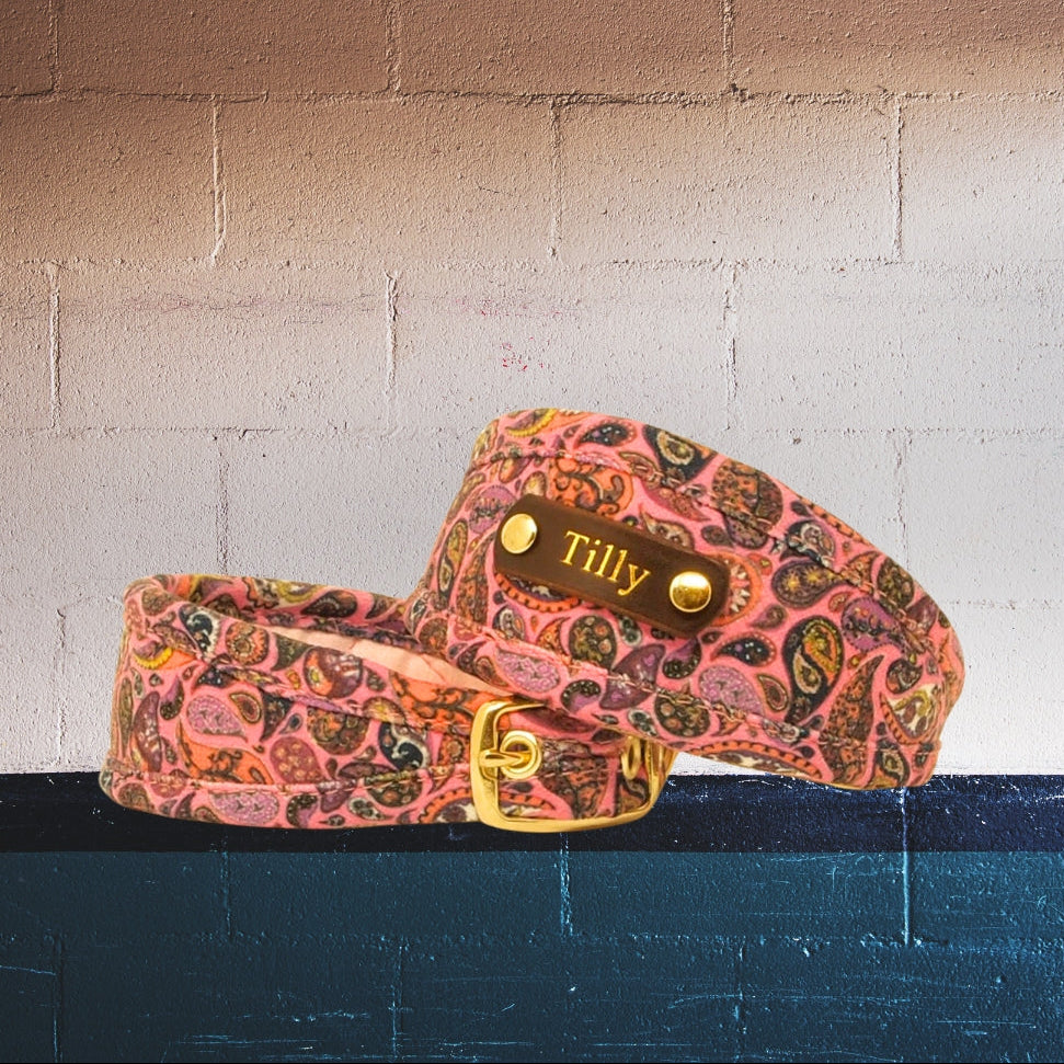 pink vegan dog collar sighthound greyhound whippet lurcher italian greyhound collar, personalised with dogs name on leather nameplate