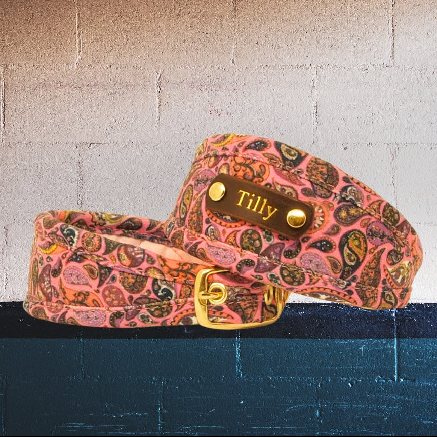 pink vegan dog collar sighthound greyhound whippet lurcher italian greyhound collar, personalised with dogs name on leather nameplate