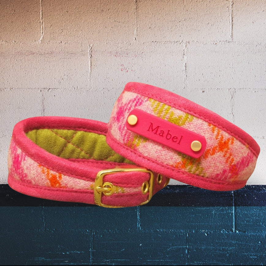 pink orange green windowpane tartan harris tweed personalised dog collar