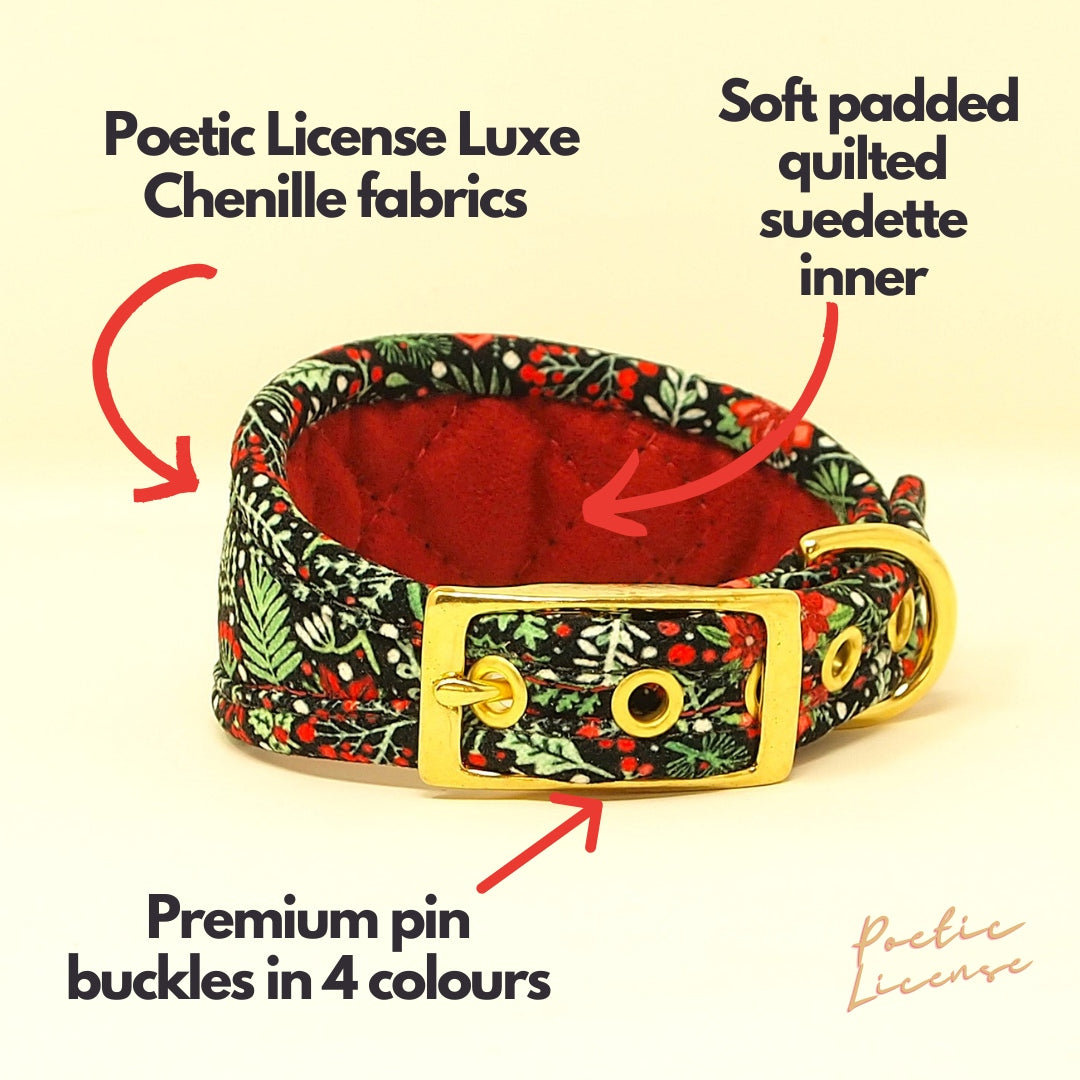 Personalised Holly & Poinsettia Dog collar, soft & padded collar. Puppy collars to X-Large
