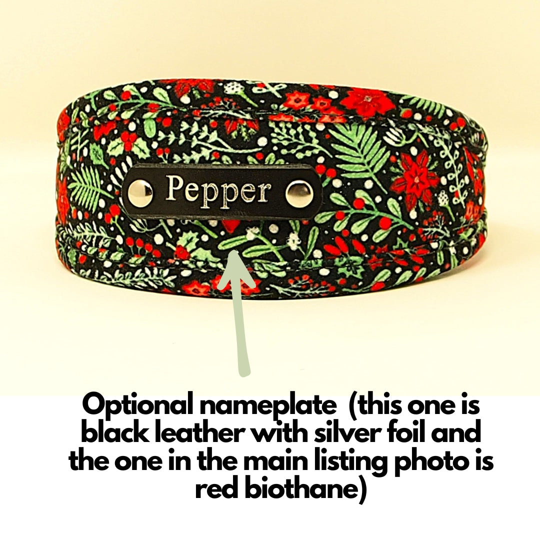 Personalised Holly & Poinsettia Dog collar, soft & padded collar. Puppy collars to X-Large
