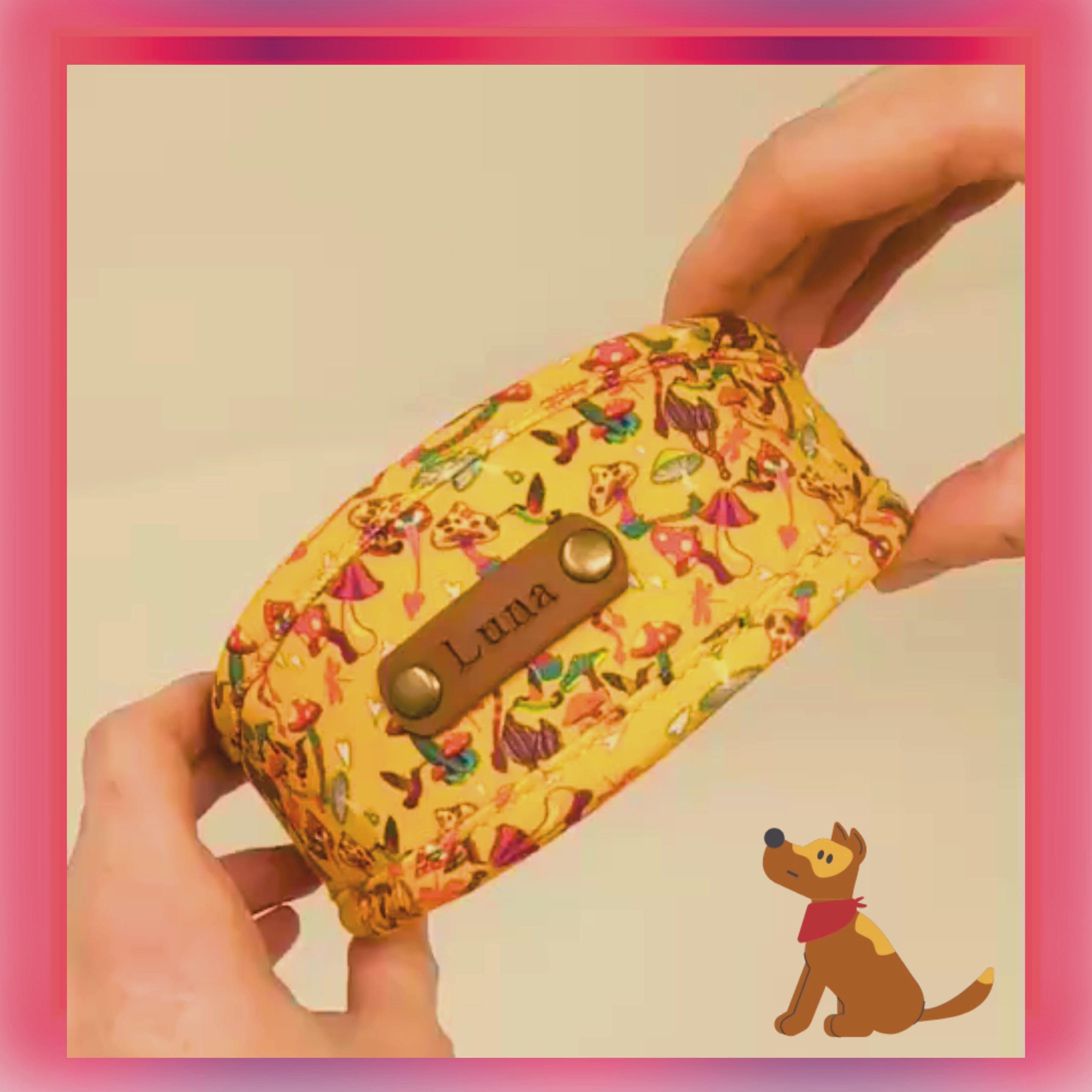 Designer Dog Collar in Yellow Mushrooms with optional name personalisation.