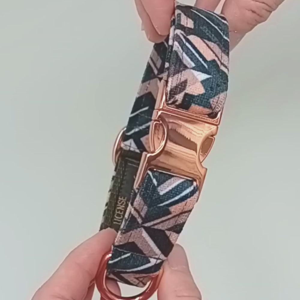 Luxe Chenille Standard Dog Collar in Dark Green & Nude Geometric