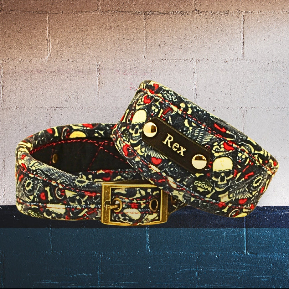 luxury vegan chenille dog collar in punk goth skulls guitars emo