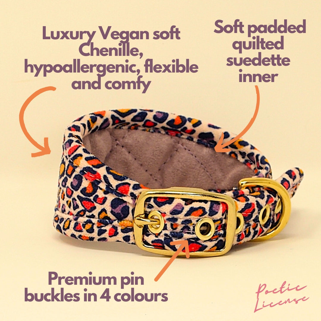 soft quilted leopard print dog collar in purple red orange yellow