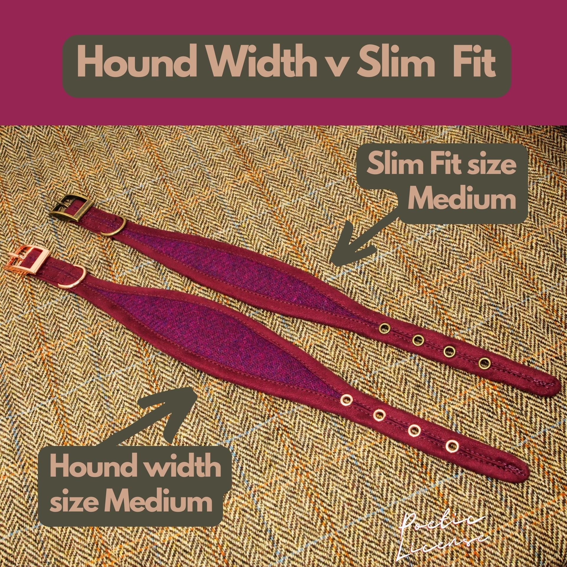 Magenta Harris Tweed Dog Collar, Greyhound, Whippet. Can be personalised with name on the collar