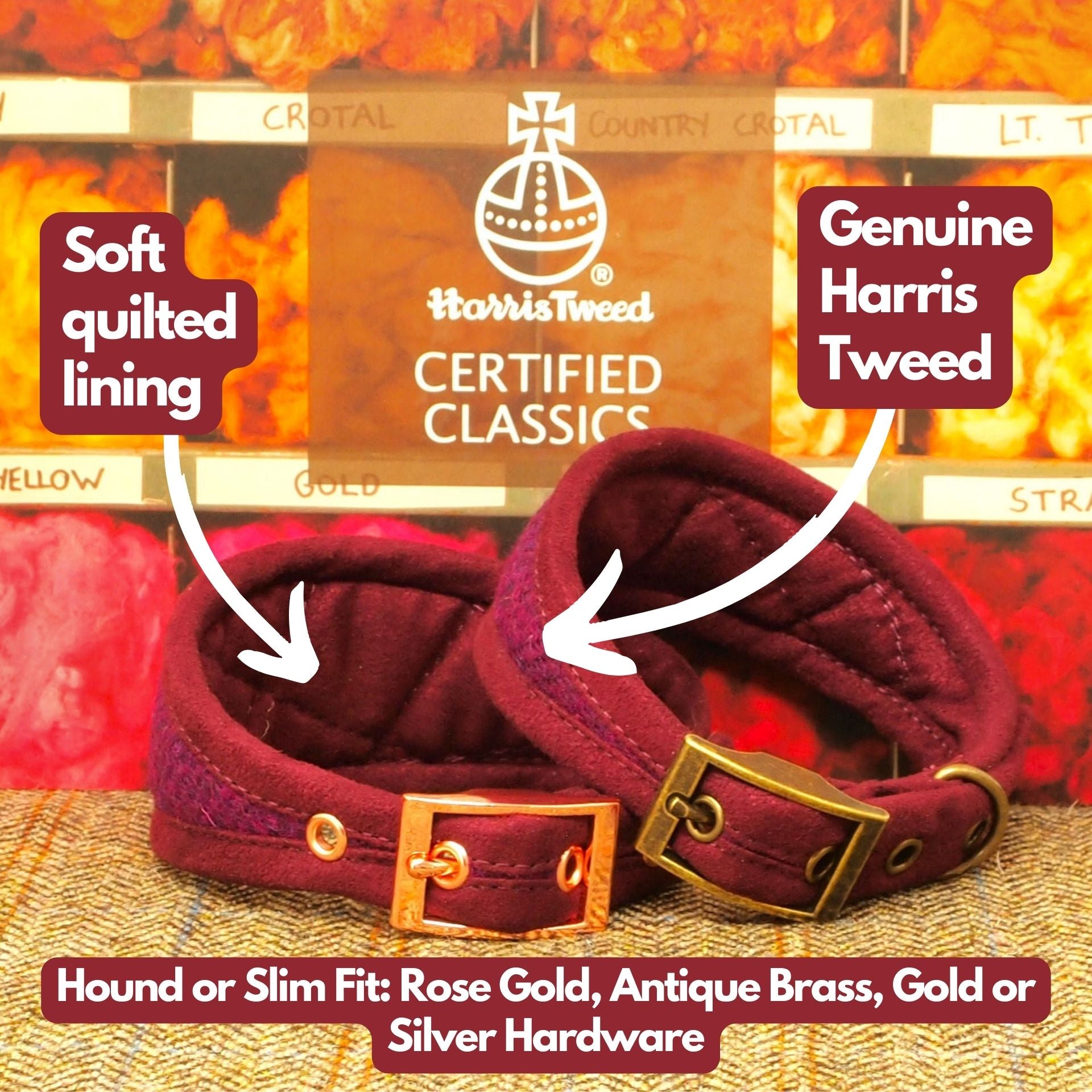 Purple Magenta Harris Tweed Dog Collar, Greyhound, Whippet or Standard Slim Fit.