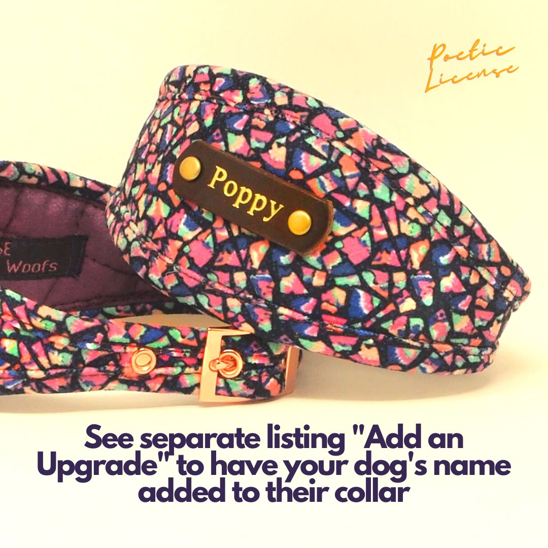 Soft Vegan Personalised Custom Dog Collar in Purple Mosaic Chenille.