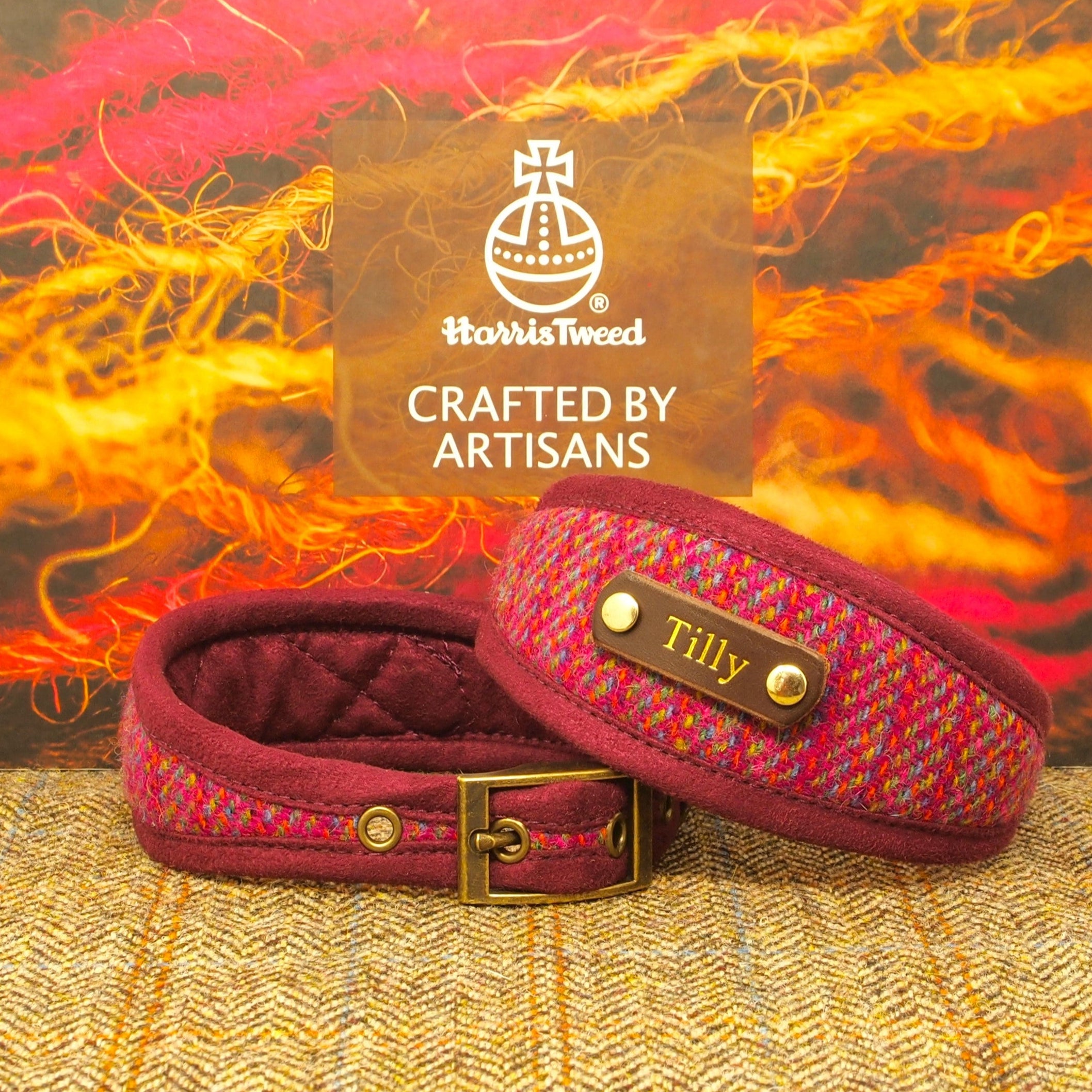 raspberry pink kaona stripe harris tweed dog collar sighthound whippet greyhound lurcher, personalized with dogs name on