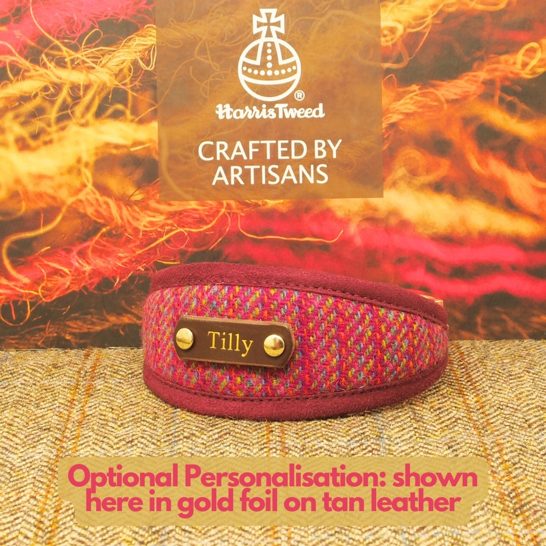 Custom Raspberry Pink Harris Tweed Dog Collar, Greyhound, Whippet. Can be personalised with name on the collar